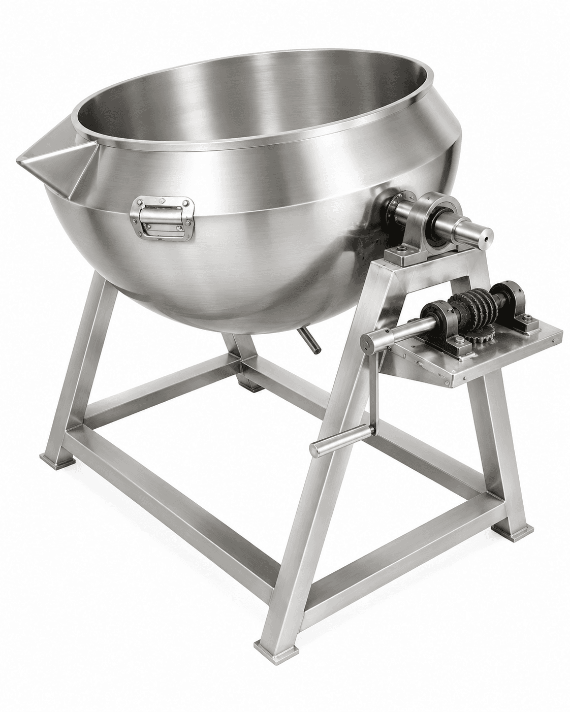 Stainless-steel tilting cooking kettle with hand-cranked gear tilting mechanism