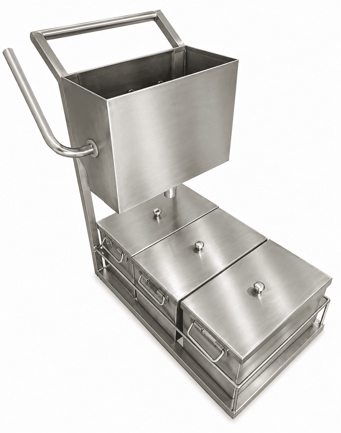Custom stainless-steel service trolley with a top bin and lidded containers